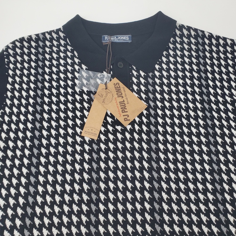 PJ Paul Jones Polo Shirt Mens 2XL Houndstooth Black White Knit Short Sleeve NEW